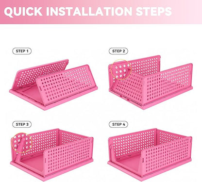 Pink Girl Closet Organizers and Storage Stackable Plastic Drawer Basket for Clothing Stackable Storage Bins Shelf Storage Container for RV Closet Wardrobe Bedroom Bathroom Playroom 6 Pack