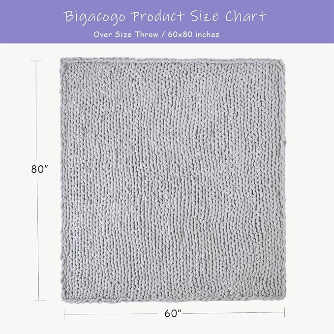 Bigacogo Chunky Knit Throw Blanket for Couch, 60x80 inches, 100% Hand Knitted with Thick Jumbo Chenille Yarn, Cozy Soft Large Rope Knot Cable Crochet Blankets for Sofa Bed Living Room, Light Grey
