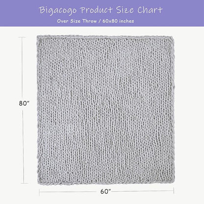 Bigacogo Chunky Knit Throw Blanket for Couch, 60x80 inches, 100% Hand Knitted with Thick Jumbo Chenille Yarn, Cozy Soft Large Rope Knot Cable Crochet Blankets for Sofa Bed Living Room, Light Grey
