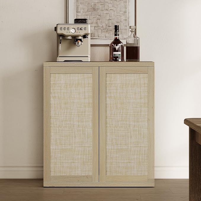 SICOTAS Rattan Sideboard Storage Cabinet - Boho Credenza Coffee Bar Cabinet with Doors & Adjustable Shelves, Large Farmhouse Buffet Console Table for Living Room, Kitchen, Entryway, Sand Oak