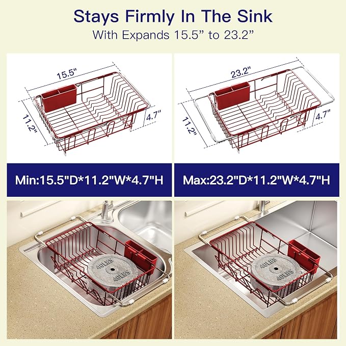 MAJALiS Red Dish Drying Rack Over The Sink with Utensil Holder | Expandable Stainless Steel Dish Drainer for Small Kitchen, Apartment, RV, Counter Space Saving, Perfect Fit, Rustproof