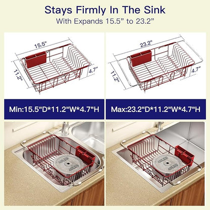 MAJALiS Red Dish Drying Rack Over The Sink with Utensil Holder, Mat | Expandable Stainless Steel Dish Drainer for Small Kitchen, Apartment, RV, Counter Space Saving, Perfect Fit, Rustproof