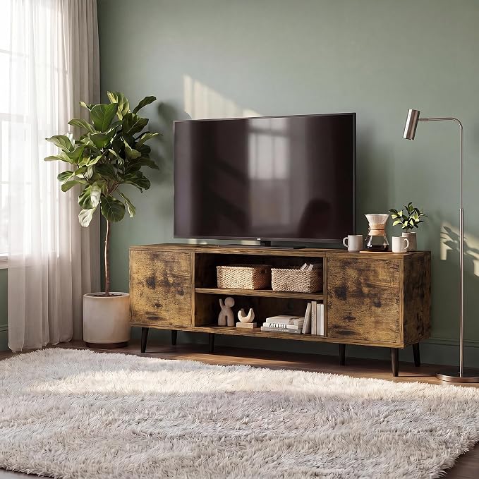 JUMMICO Mid-Century Modern TV Stand for 43-55 Inch TVs, 50 Inch Media Console with Storage, Entertainment Center with Push-Open Cabinets and Cable Management for Living Room (Rustic Brown, 50 Inches)