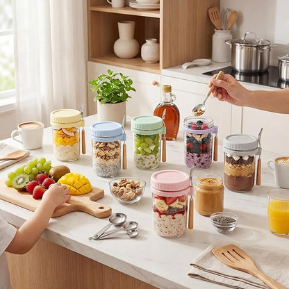 HomArtist 16oz Overnight Oats Containers with Lids and Spoons, 6 Pack Wide Mouth Mason Jars with Airtight Lids, Overnight Oats Jars for Salad, Chia Seed, Cereal, Yogurt