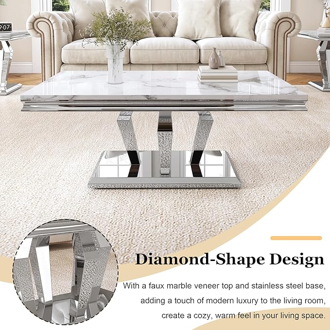 Modern Marble Coffee Table, 47" Living Room Table with Diamond-Shape Stainless Steel Base and Thickened Faux Marble Top for Living Room, Bedroom, Lounge (Silver,White)