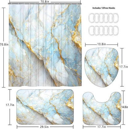 Nkzply 4 Pcs Blue Marble Shower Curtain Set White Bathroom Sets with Shower Curtain and Rugs Gold Modern Abstract Bathroom Decor Accessories Bathroom Rugs Toilet Lid Cover with Hooks
