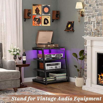 Armocity 4-Tier AV Media Stand with Power Strips, Stereo Stand with LED Lights, Rack Audio Tower with Adjustable Shelves, Small Entertainment Center, 30'', Grey Oak
