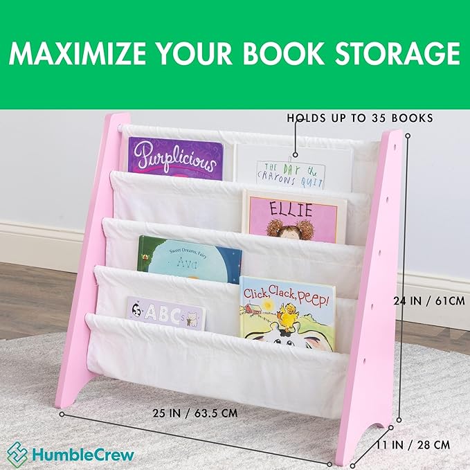 Humble Crew 4-Tier Kids Bookshelf, Pink/White - Premium Book Shelf for Kids Rooms with Four Deep Pockets - Toddler Sling Book Rack with Deep Sleeves, Nursery Bookcase Organize