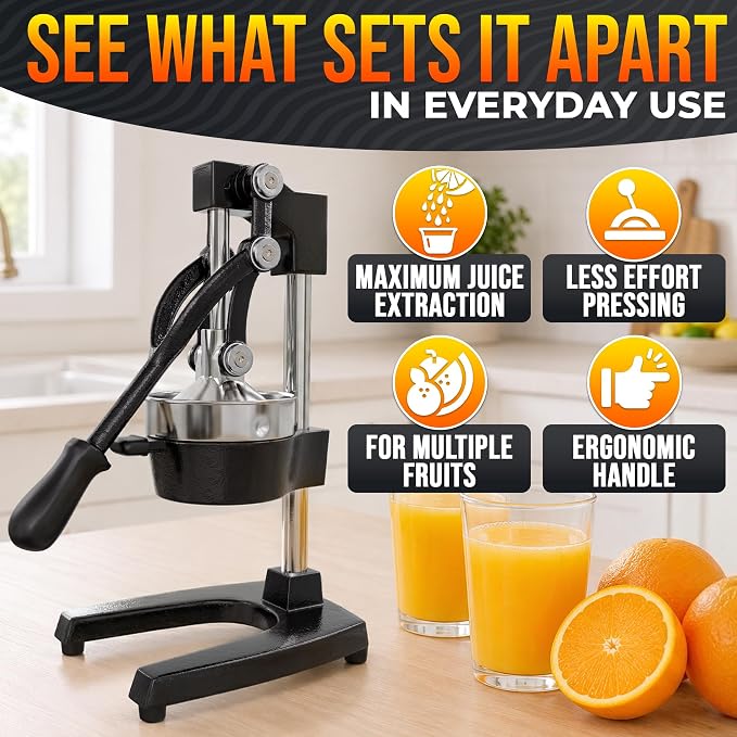 Cast Iron Juicer Hand Press, Heavy-Duty Squeezer – One Pull Extracts Full Juice with No Electricity – Manual Citrus Press Juicer & Orange Squeezer for Lemon, Lime, and Lemonade at Home or Bar (Black)