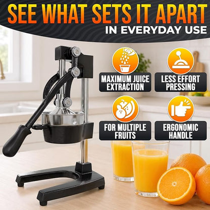 Cast Iron Juicer Hand Press, Heavy-Duty Squeezer – One Pull Extracts Full Juice with No Electricity – Manual Citrus Press Juicer & Orange Squeezer for Lemon, Lime, and Lemonade at Home or Bar (Black)