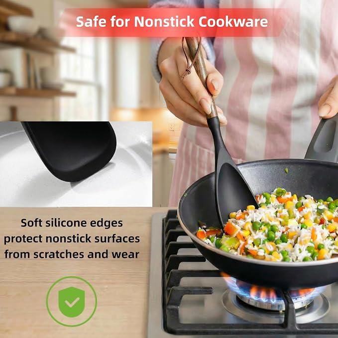 2-Pack Silicone Spoonula with Wooden Handle, BPA-Free Spatula Spoon for Nonstick Cookware, Heat Resistant Cooking Spoon for Mixing, Scraping, Scooping and Serving(Black&White)