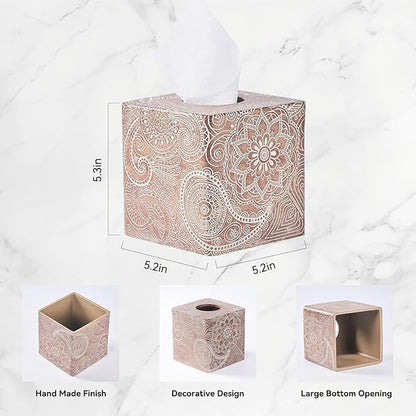 Vintage Wood Carved Square Tissue Box Cover Decorative,Napkin Dispenser,Facial Paper Holder for Bathroom Vanity Countertop,Bedroom Dresser,Night Stand, Desk, Office and End Table,Boho Flowers