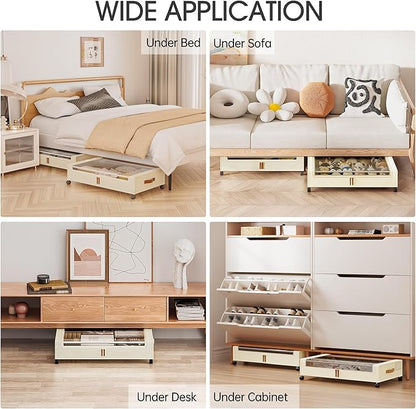 Yecaye Under Bed Storage with Wheels, 2 Pack Under Bed Storage Containers, 60L Underbed Shoe Storage with Clear Window & Label, Rolling Under Bed Metal Drawer for Clothes, Shoes, Books, Blankets