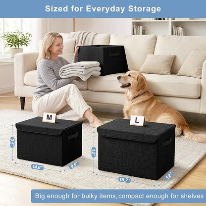 Bagnizer Large 22 Quart Linen Fabric Foldable Storage Bin Cube Organizer Basket with Flip-Top Lid & Handles, Clothes Blanket Box for Home, Office, Closet, Black, 4 Pack 14.6 x 9.5 x 9.5”