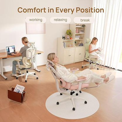 CabLady S1 Petite Ergonomic Office Chair Design with Detachable Pillow Lumbar Cushion, Coat Hanger, 2D Headrest & PU Armrests, Cloud Seat & Footrest Cute Desk Chair for Women Girls