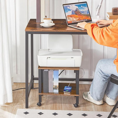 HOOBRO 2-Tier Printer Stand with Charging Station, Under Desk Printer Table, Printer Cart with Storage Shelves, Shelf for Small Spaces, for Home Office, Rustic Brown and Black BF38UPS01