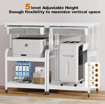 EasyCom Large 3-Tier Rolling Printer Stand with Storage Drawer & 5 Adjustable Shelves Mobile Cart with Industrial Wheels for Home Office Desk Fits 3D Printer, Scanner, and Fax White