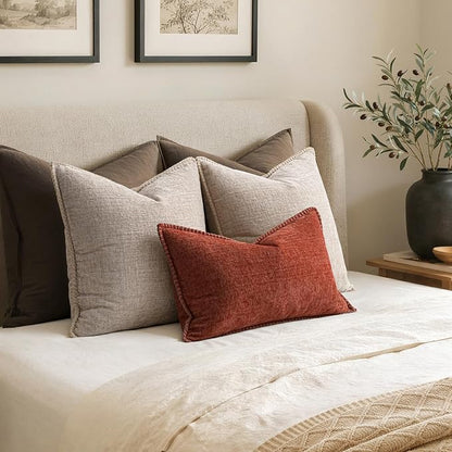 MIULEE Pack of 2 Couch Throw Pillow Covers 20x20 Inch Natural Beige Farmhouse Decorative Pillow Covers with Stitched Edge Taupe Soft Chenille Solid Dyed Pillow Covers for Sofa Bed Living Room