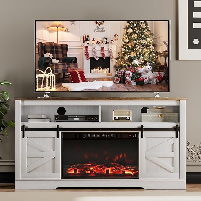 JUMMICO Fireplace TV Stand for 65+ Inch TV with 26'' Fireplace Entertainment Center with Storage Cabinet and Adjustable Shelves Media Console with Sliding Barn Door for Living Room (Milk White)