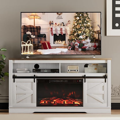 JUMMICO Fireplace TV Stand for 65+ Inch TV with 26'' Fireplace Entertainment Center with Storage Cabinet and Adjustable Shelves Media Console with Sliding Barn Door for Living Room (Milk White)
