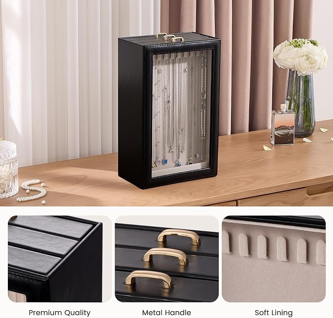 Lolalet Necklace Organizer Box, Jewelry Storage Box with Clear Window for Necklaces Bracelets, Tangle-Free Necklace Display Case for Women Girls, Black, 3 Layers 30 Hooks