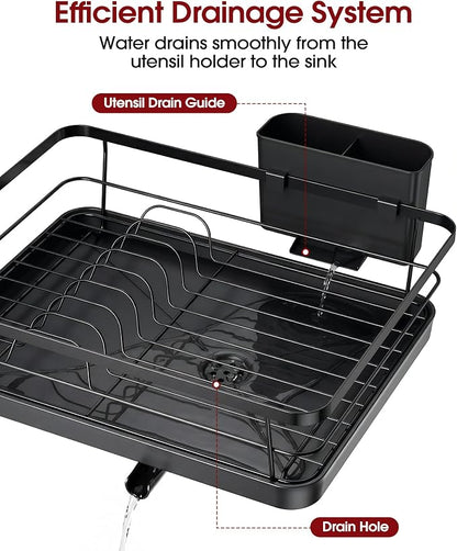 Sakugi Dish Drying Rack - Stainless Steel Dish Rack with Drainboard for Kitchen Counter and Sink, 15.6" D x 12" W x 5" H, Black