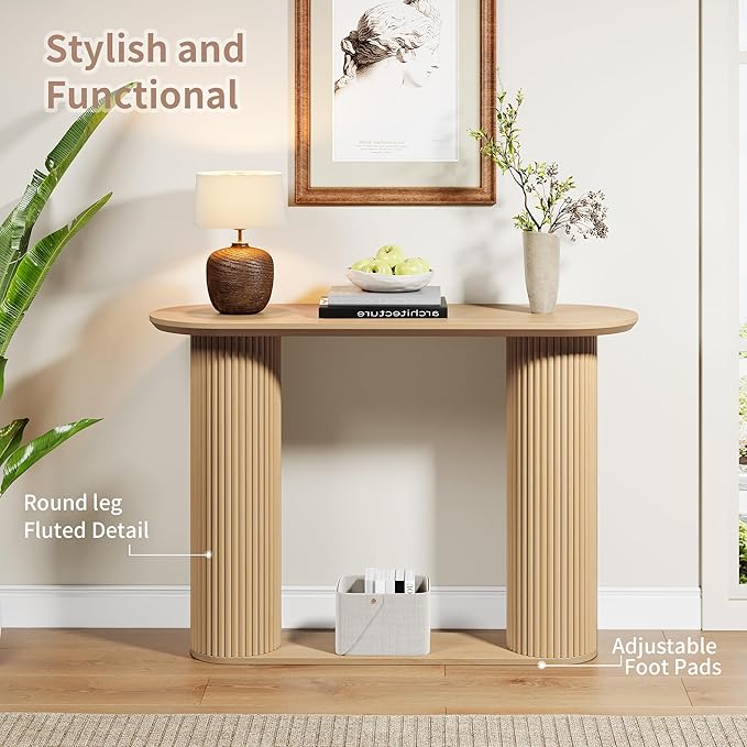Fluted Console Table, Farmhouse Oval Curved Entryway Table with Storage and Fluted Wood Legs, Narrow Sofa Table Small Long Entry Table for Entrance, Hallway, Living Room (Natural)