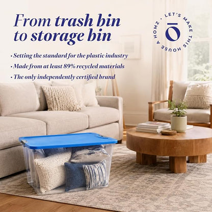 HOMZ Clear Plastic Storage Bins with Snaplock Secure Latching Lids | Easy Grip Handles | Stackable & Nestable Organizing Totes | Blue Lid | 64 Quart, Pack of 2