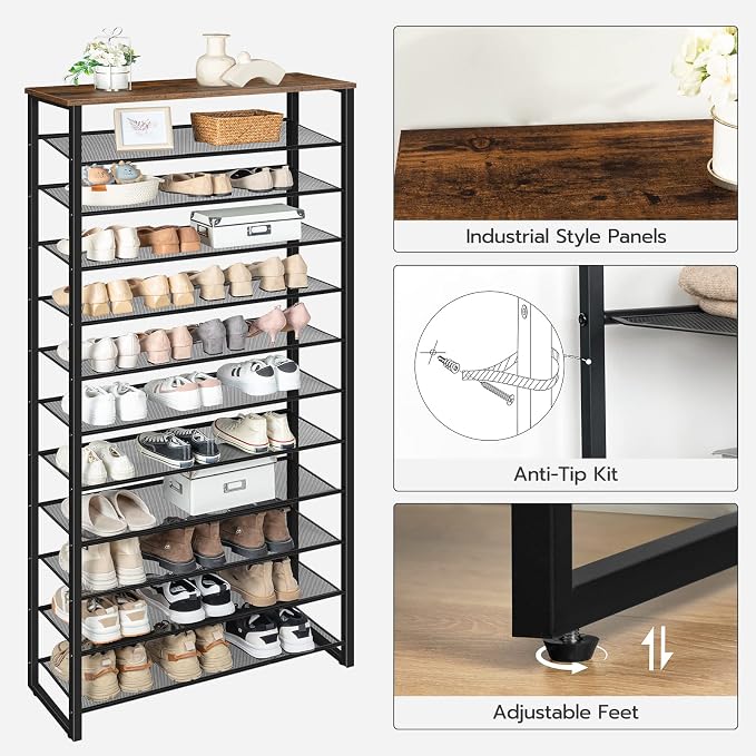 HOOBRO 12-Tier Shoe Rack for Entryway, 29.5" L Shoe Storage Organizer, Large Capacity Shoe Shelf for Closet, Front Door Entrance, Hallway, Holds 36-48 Pairs of Shoes, Rustic Brown and Black BF127XJ01