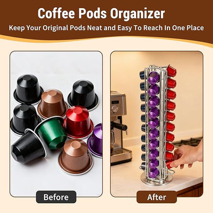 Silver 40 Pods Coffee Pod Holder for OriginalLine Capsules – 40 Pods Capacity, Countertop Coffee Capsule Carousel Organizer, Space-Saving Storage Rack