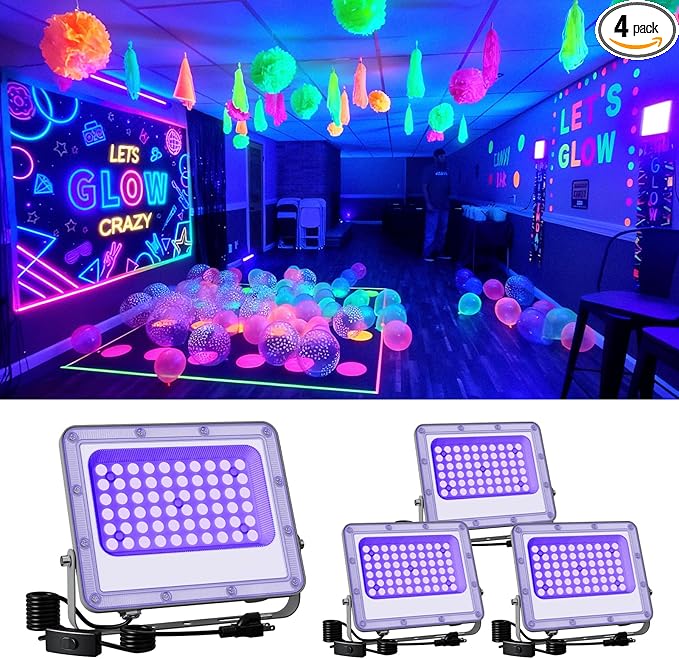 4 Pack 50W Blacklight Flood Lights Wired 120V IP66 Waterproof UV Led Black Lights for Fluorescent Decor, 3D Resin Prints, Uranium Glass, Ultraviolet Poster, Purple Ambiance Lighting for Glow Party