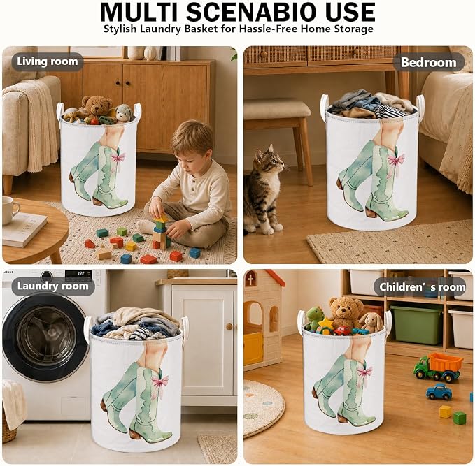 Pink Bow Cowgirl Western Laundry Basket, Sage Green Boots Southwestern Laundry Hamper Waterproof Collapsible Clothes Toys Storage Bin Organizer for Girls Bedroom Bathroom Home