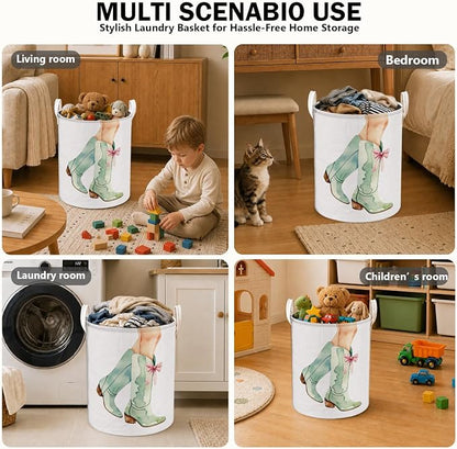 Pink Bow Cowgirl Western Laundry Basket, Sage Green Boots Southwestern Laundry Hamper Waterproof Collapsible Clothes Toys Storage Bin Organizer for Girls Bedroom Bathroom Home