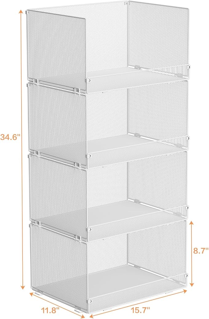 4-Tier Stackable Closet Organizers and Storage Shelves, Foldable Closet Shelf Organizer, Stackable Storage Bins Drawers for Closet Organizer System, White(Patent Pending)