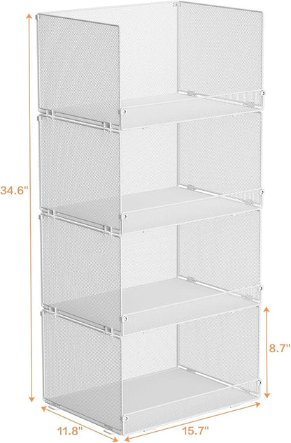 4-Tier Stackable Closet Organizers and Storage Shelves, Foldable Closet Shelf Organizer, Stackable Storage Bins Drawers for Closet Organizer System, White(Patent Pending)