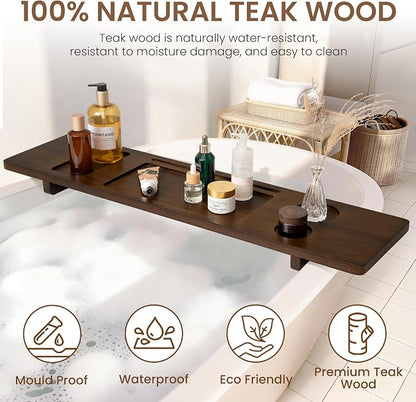 Teak Bathtub Tray - Wood Bath Caddy Tray 35" for Large Tubs - Adjustable Bathtub Table Trays - Luxury Shower Organizer for Home Spa Relaxation and Reading - Dark Walnut Color