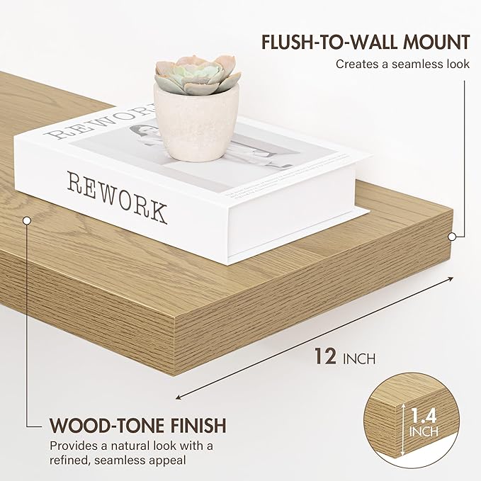 Acovy 12 Inch Floating Shelves, 12" Deep Floating Shelf Wall Mounted, 12" Wall Shelves, Rustic Deep Bookshelf, Extra Deeper Display Shelves & Storage Shelves for Bedroom, Living Room, Set of 3