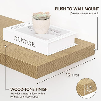 Acovy 12 Inch Floating Shelves, 12" Deep Floating Shelf Wall Mounted, 12" Wall Shelves, Rustic Deep Bookshelf, Extra Deeper Display Shelves & Storage Shelves for Bedroom, Living Room, Set of 3