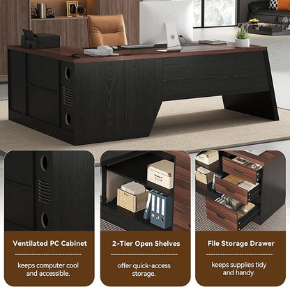 L-Shaped Executive Desk with Drawer, 78-Inch Large Home Office Desk with Cord Hold and Power Outlet, Modern Computer Table with Lateral File Cabinet,Open Shelf and PC Stand, Walnut Brown Black