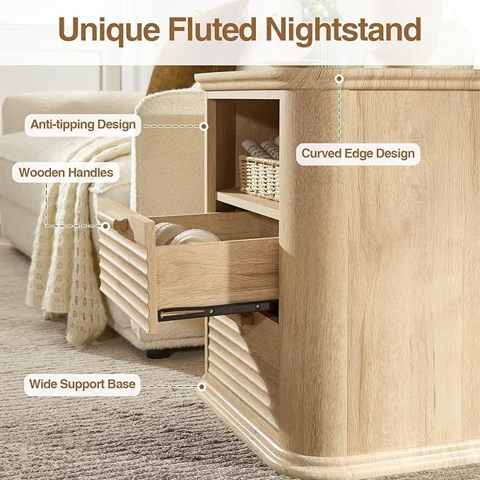 22" Fluted Night Stand with Charging Station,Modern End Table with 2 Drawers & Open Storage,Stylish Bedside Table for Living Room,Bedroom,Side Tables Curved Profile Design