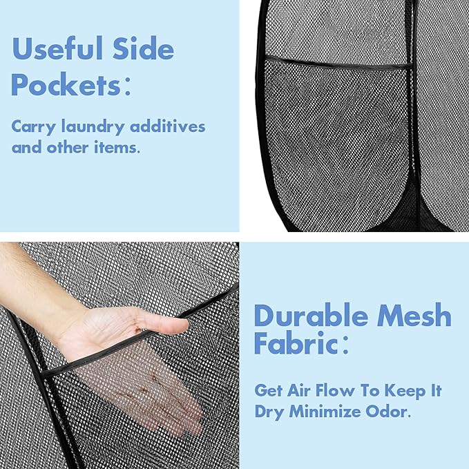 DUCOO Pop Up Laundry Hamper, 70L Collapsible Mesh Laundry Basket with Side Pocket, Foldable Dirty Clothes Hamper with Sturdy Reinforced Handles for Home Dorm Bedroom Travel Bathroom Storage, Black