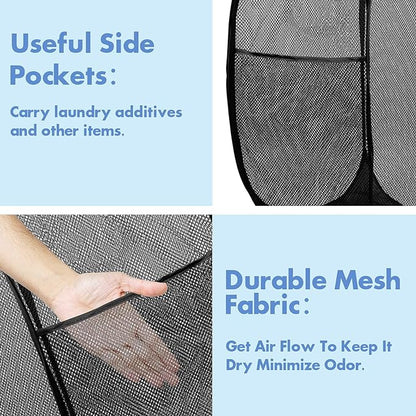 DUCOO Pop Up Laundry Hamper, 70L Collapsible Mesh Laundry Basket with Side Pocket, Foldable Dirty Clothes Hamper with Sturdy Reinforced Handles for Home Dorm Bedroom Travel Bathroom Storage, Black