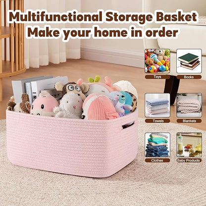 OIAHOMY Storage Basket for Shelves, Closet Cube Storage Bins Baskets for Clothes Blanket Towels, Baby Nursery, Toy Baskets Box, Woven Rope Basket, 15.75*11.81*7.09 IN, 2 Packs Mixed Pink