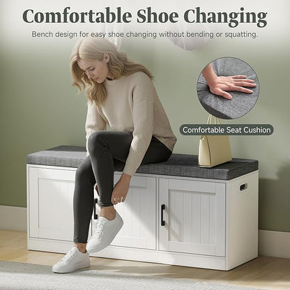 Shoe Storage Bench with Storage Cabinet, 3-Tier Entryway Bench with Padded Seat Cushion, Wood Shoe Cabinet Bench with 4 Adjustable Shelf for Living Room, Bedroom, White