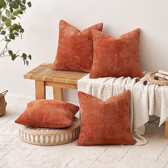 MIULEE Pack of 4 Couch Throw Pillow Covers 18x18 Inch Burnt Orange Soft Decorative Chenille Pillow Covers Farmhouse Accent Cushion Covers for Boho Home Decor Sofa Bedroom Living Room