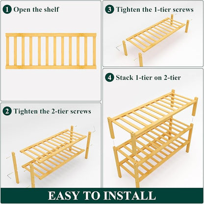 Smiry Bamboo Shoe Rack, 3 Tier Free Standing Wooden Shoe Organizer, Stackable Wood Shoe Storage Shelf for Closet, Entryway, 12 Vertical Slats, 2+1 Stack Standard Legs, 26.8"x11"x19.5", Natural