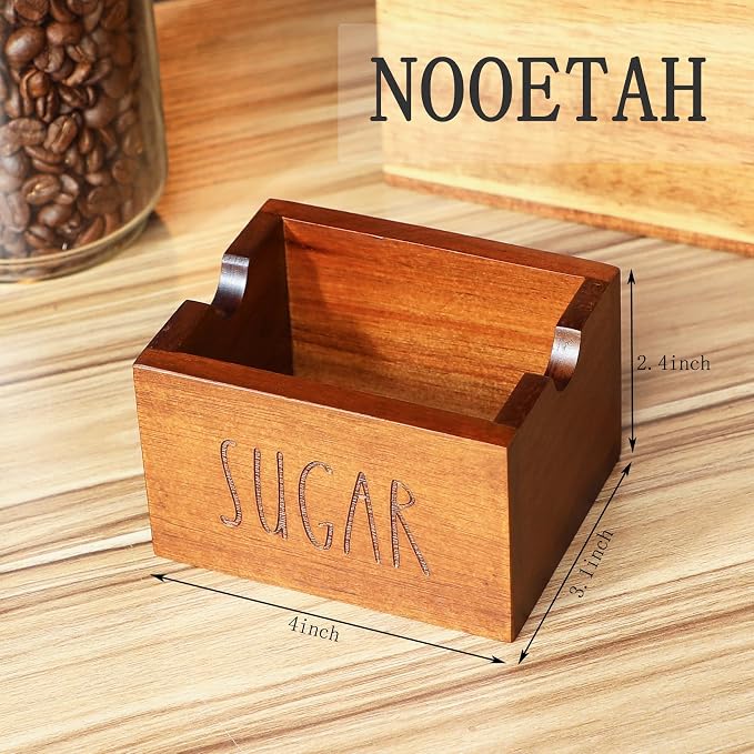 Acacia Sugar Packet Caddy for Coffee Bar, Farmhouse Wood Sugar Holder Packets , Sugar Packet Container, Small Tea Bag Organizer for Office Table,Hotel, Restaurant (Brown-Labeled SUGAR)