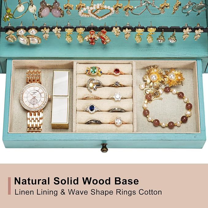 Pinzoveco Earring Organizer, 5 Layer Earring Holder Organizer with Necklace Holder Pole, Rustic Wood Jewelry Organizer Stand Display for Stud Earring Bracelet Necklace Ring, 175 Earring Holes