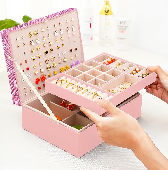 QBestry Jewelry Box for Earrings for Girls Jewelry Organizer Box Earring Holder Organizer for Girl Earring Box Jewelry Box Stud Earring Organizer for Girls Earring Jewelry Boxes for Women Pink Bling