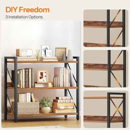 HOOBRO Bookshelf, 3-Tier Industrial Bookcase, Book Shelf Storage Organizer, Bookshelf with Metal Frame for Living Room, Bedroom, Home Office, Kitchen, Rustic Brown and Black BF718SJ01